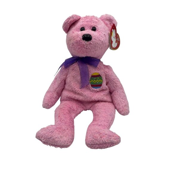 Ty Beanie Babies Eggs Pink Easter Plush Bear Purple Bow Date 2000 Collectible Ta - Picture 1 of 7